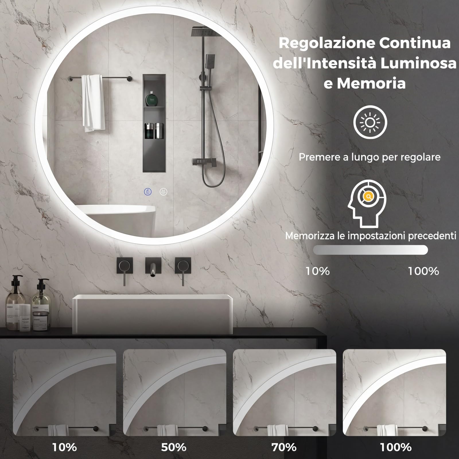 COSTWAY Specchio Rotondo con Luce 60 cm, Specchio Retroilluminato Bagno con 3 Colori Luce, Antideflagrante, Antiappannamento, Luminosità Regolabile, IP44, Memoria e Vetro Temperato HD (60 x 60 cm)