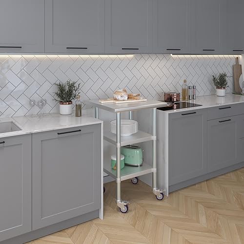 Miniatura 219 de AmGood Mesa de trabajo de acero inoxidable con 2 estantes y ruedas Mesa de trabajo de metal con ruedas