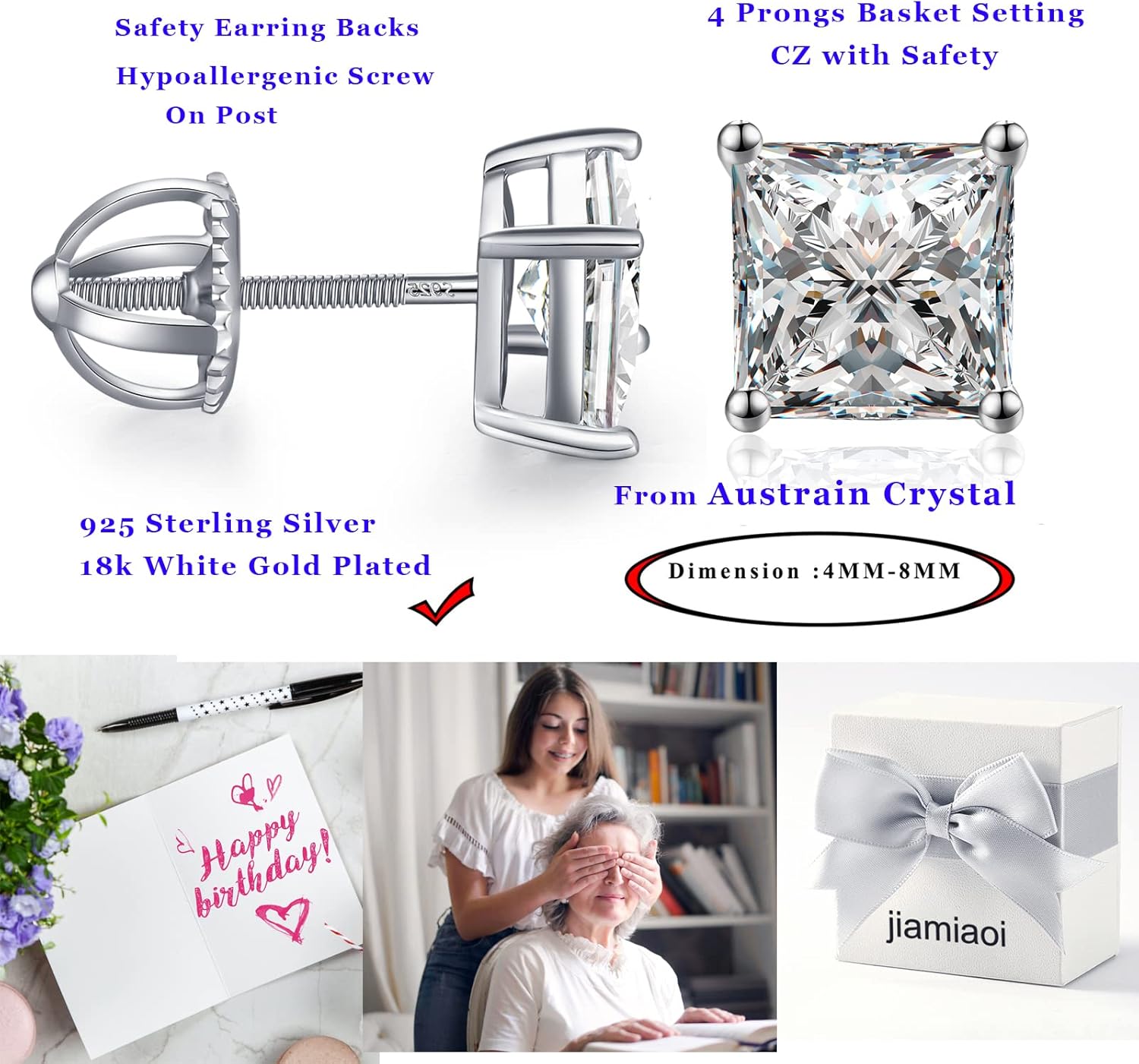 Jiamiaoi Stud Earrings Screw Back Sterling Silver Cubic Zirconia Stud Earrings Set 4 Millimeters-8 Millimeters Nickle Free Hypoallergenic Earring Studs
