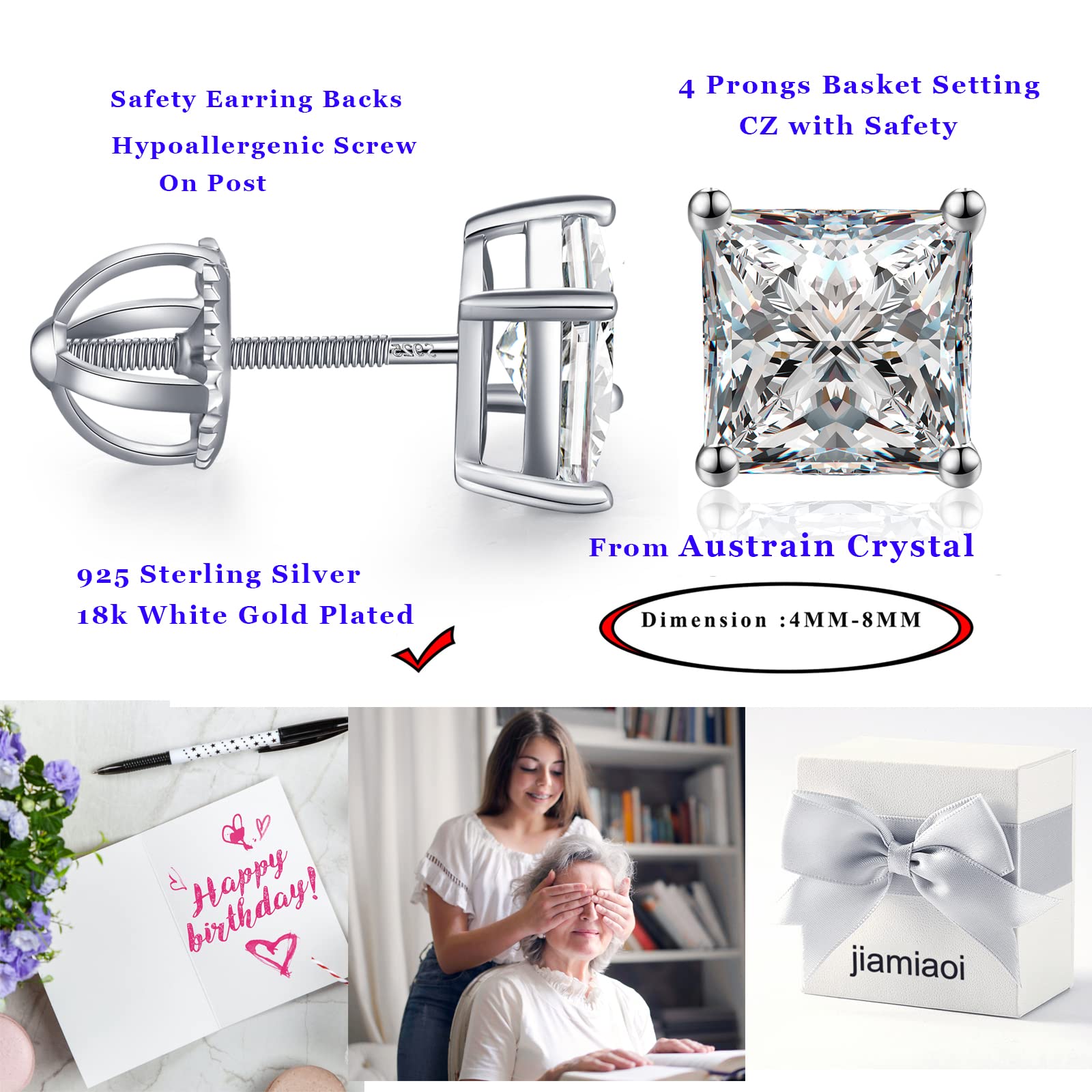 jiamiaoi 18K Weißegold plattiert Ohrstecker Silber 925 mit Schraube Ohrring Stecker, Nickelfrei Zirkonia Diamant Ohrstecker für Herren Damen 4mm-8mm