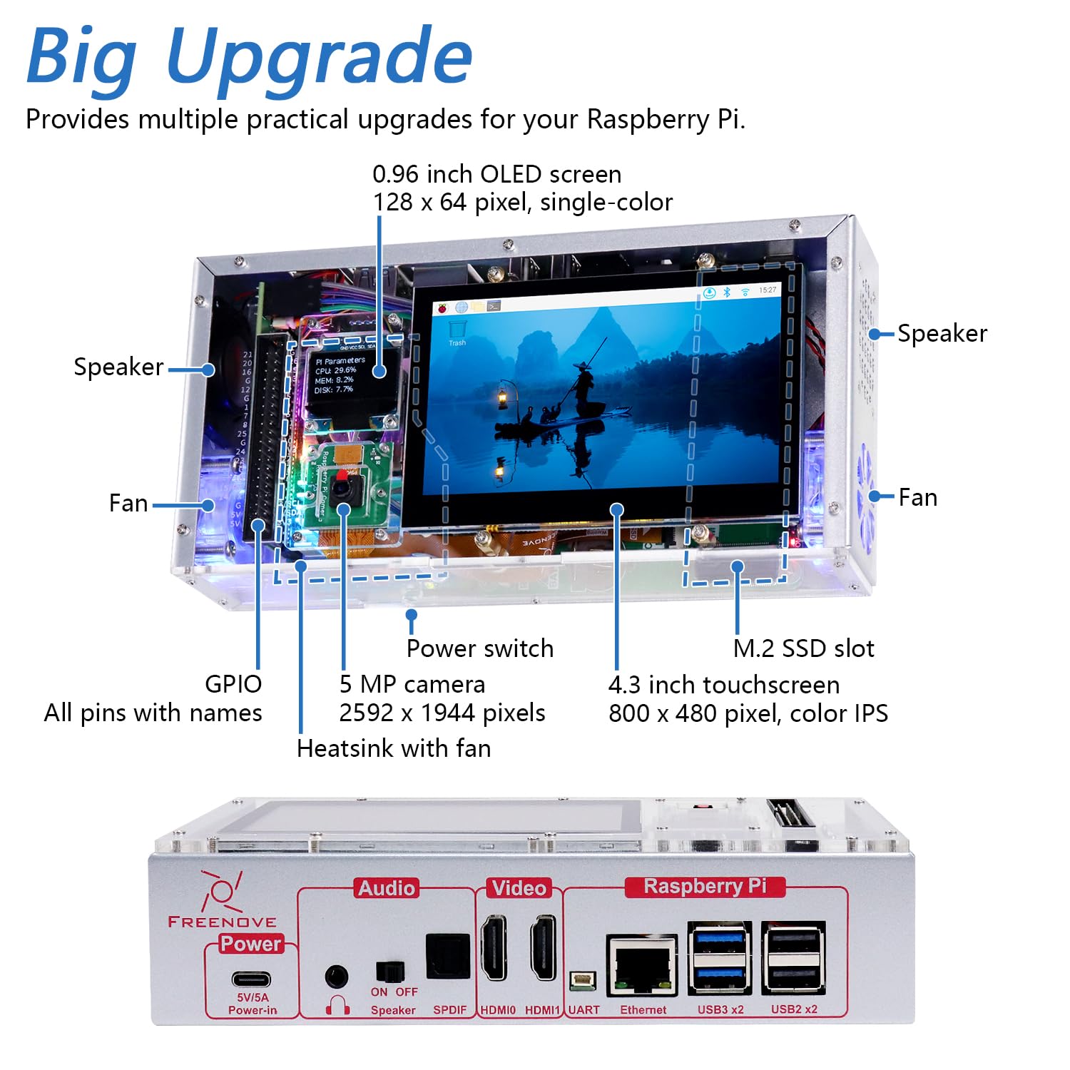 Freenove Computer Case Kit for Raspberry Pi 5 (NOT Included), M.2 NVMe SSD Slot 1231 MB/s, 4.3 Inch Touchscreen, 5 MP Camera, OLED Screen, Stereo Speakers, 3.5 mm and Optical Audio (S/PDIF)