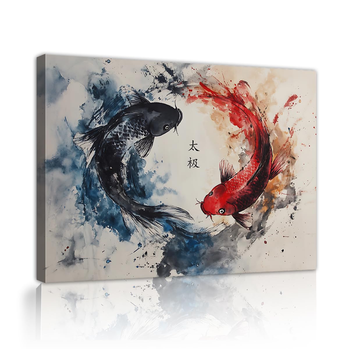 Via Vela Yin Yang Tai Chi Koi Fish Wall Art Red Black Ink Splatter Canvas Print Japanese Zen Decor for Living Room Office Bedroom 30x45cm