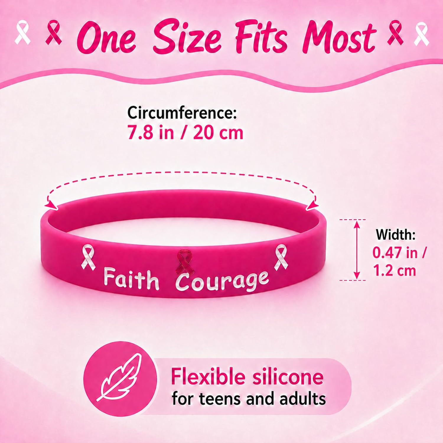 50PCS Pink Ribbon Breast Cancer Awareness Silicone Bracelets