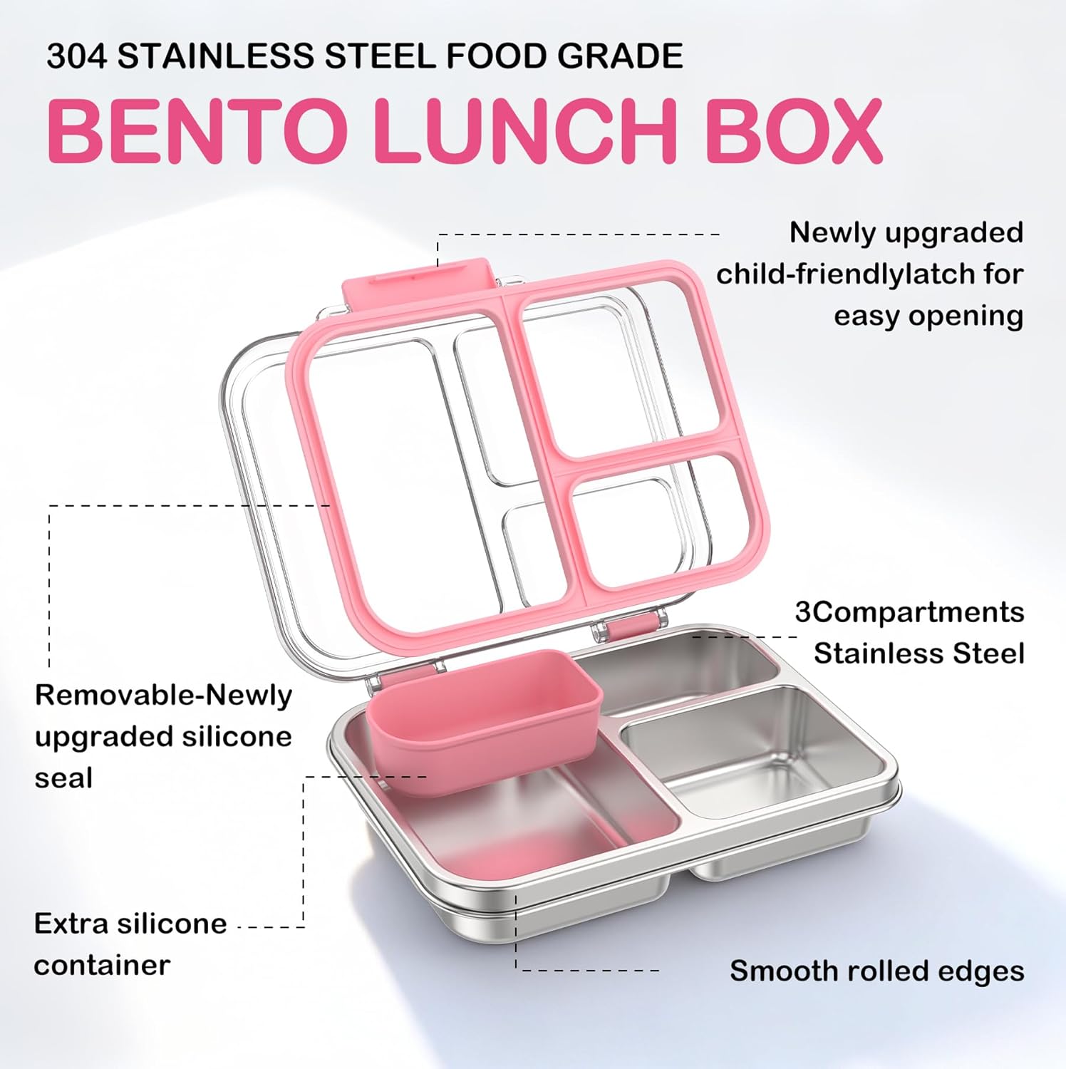 Stainless Steel Bento Lunch Box for Kids Adults, 3 Compartments Metal Bento Box with Transparent Lid & Silicone Container for Kids,Dishwasher-Safe,School & Travel,BPA-Free(Pink)
