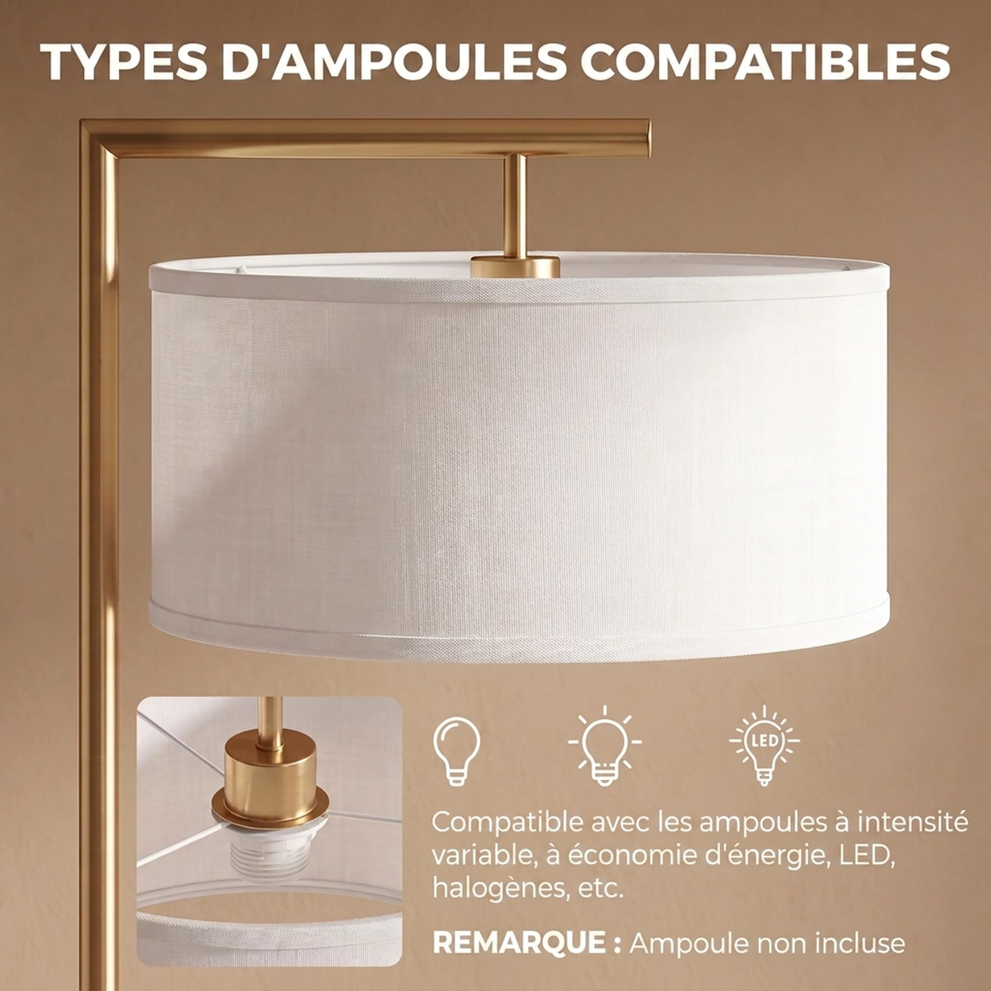 HOMCOM Lampadaire Lampe à Pied Base Ronde Stable 47x37x153 cm Or et Blanc
