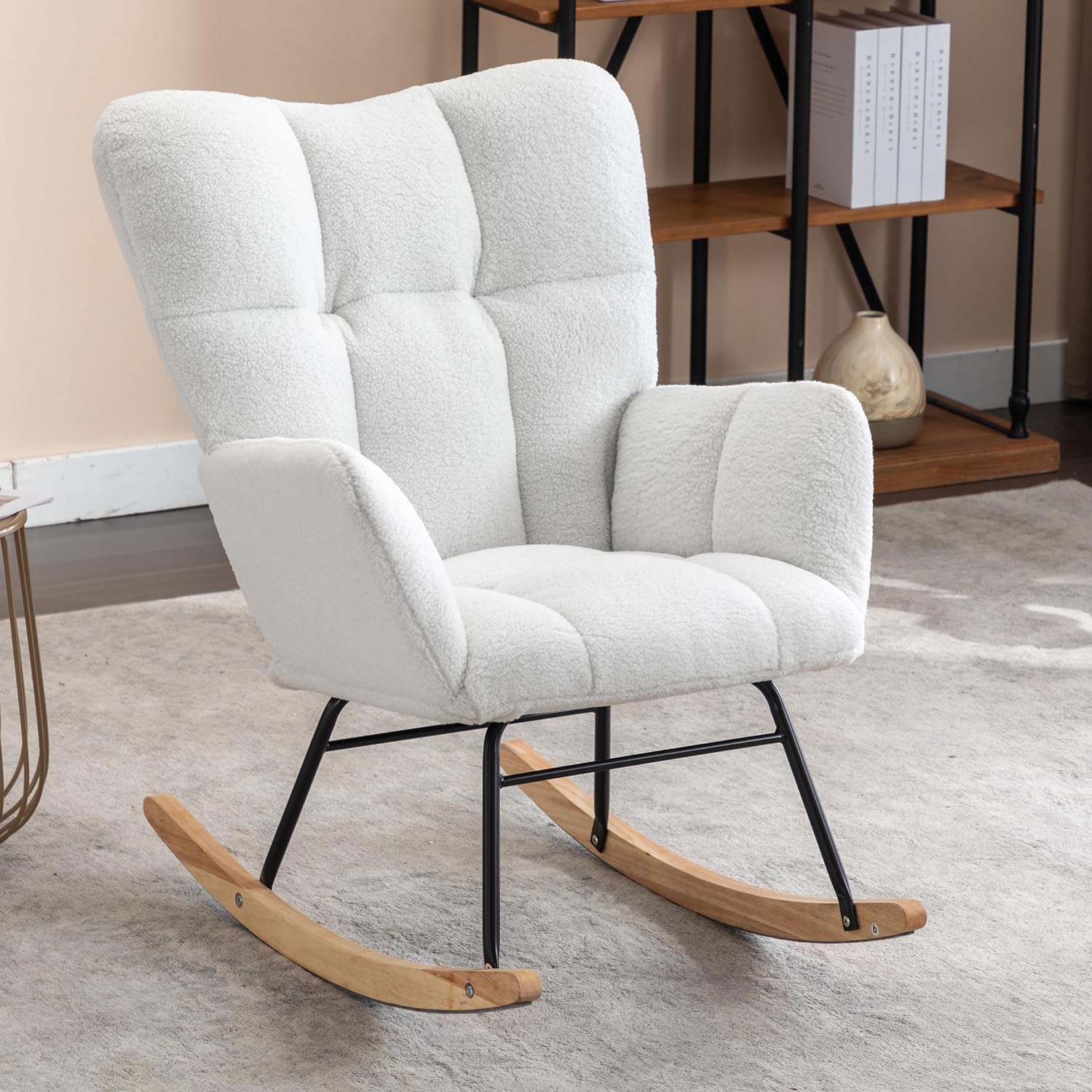 Modern Ivory White Teddy Fabric Rocking Gilder Nursery Chair for Living Room Bedroom Indoor,Casual Lounge Rocking Armchair