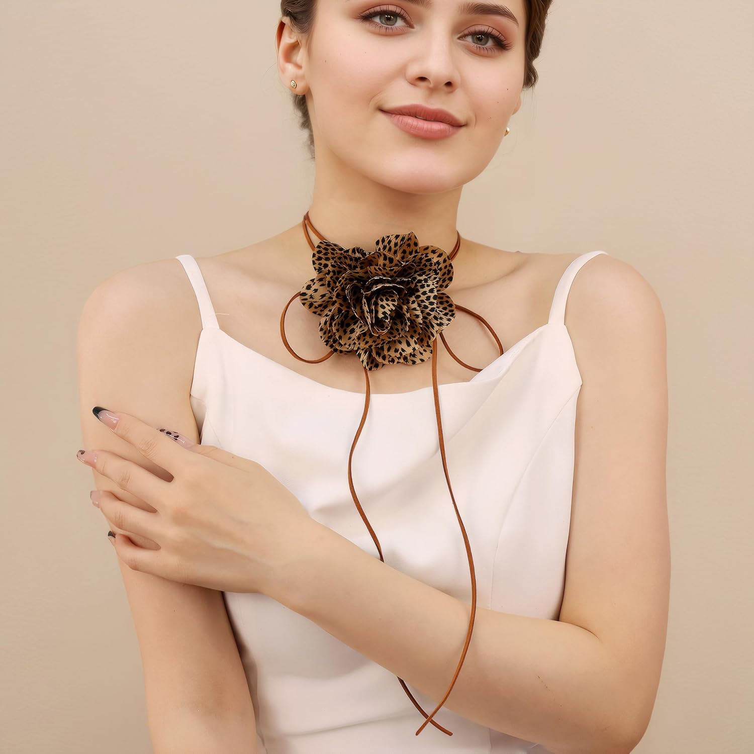 Vintage Leopard Print Flower Choker Necklace 78.7 inch Long Suede Rope Y Necklace Black Brown String Tassel Floral Collar Necklace with Artificial Cloth Flower for Women - Image 2