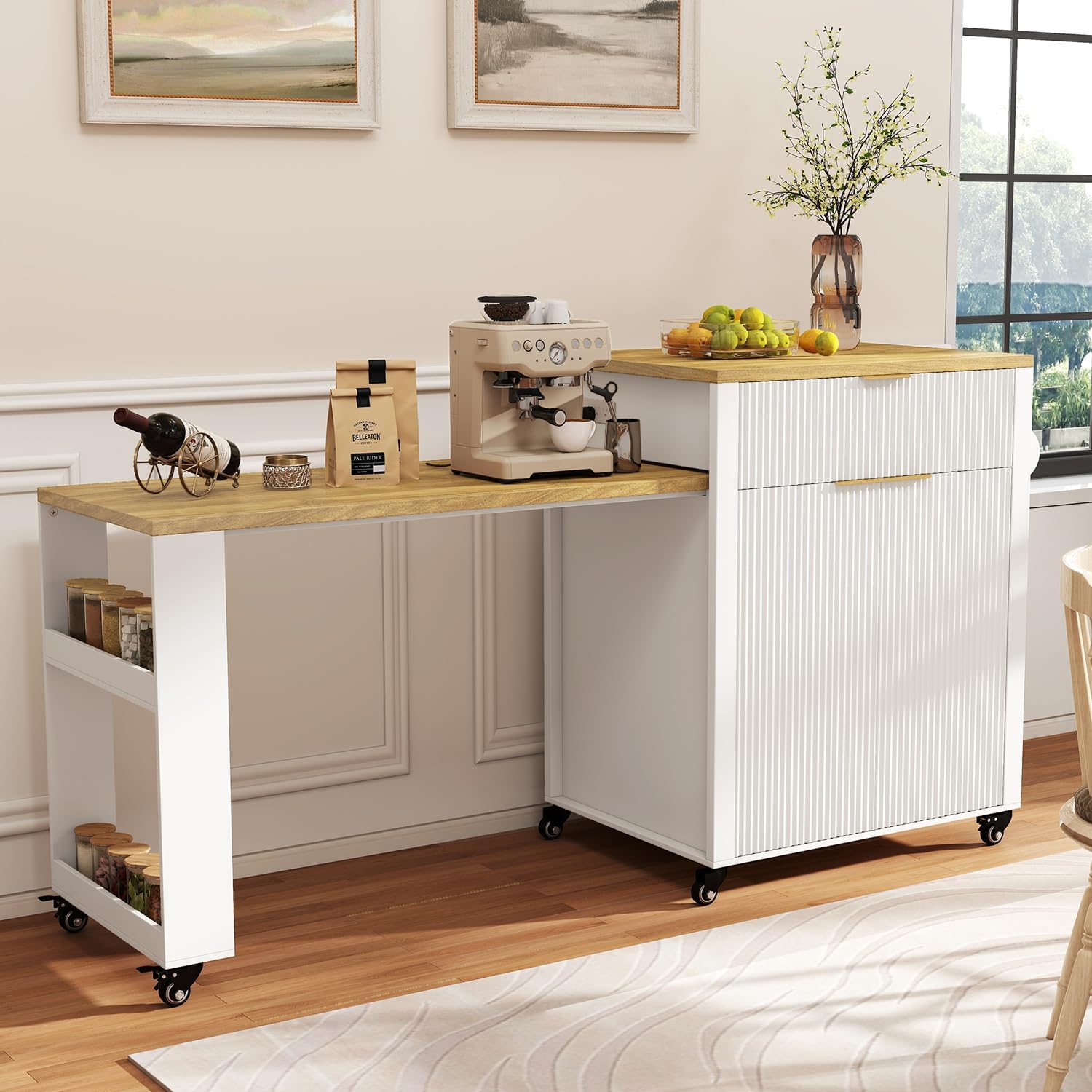 Rolling Kitchen Island with Extendable Dining Table, 75.8" Kitchen Cart on Wheels, Mobile Island Table with Storage Drawers, Open Side Shelf& Power Outlet for Kitchen, Dining Room (White)