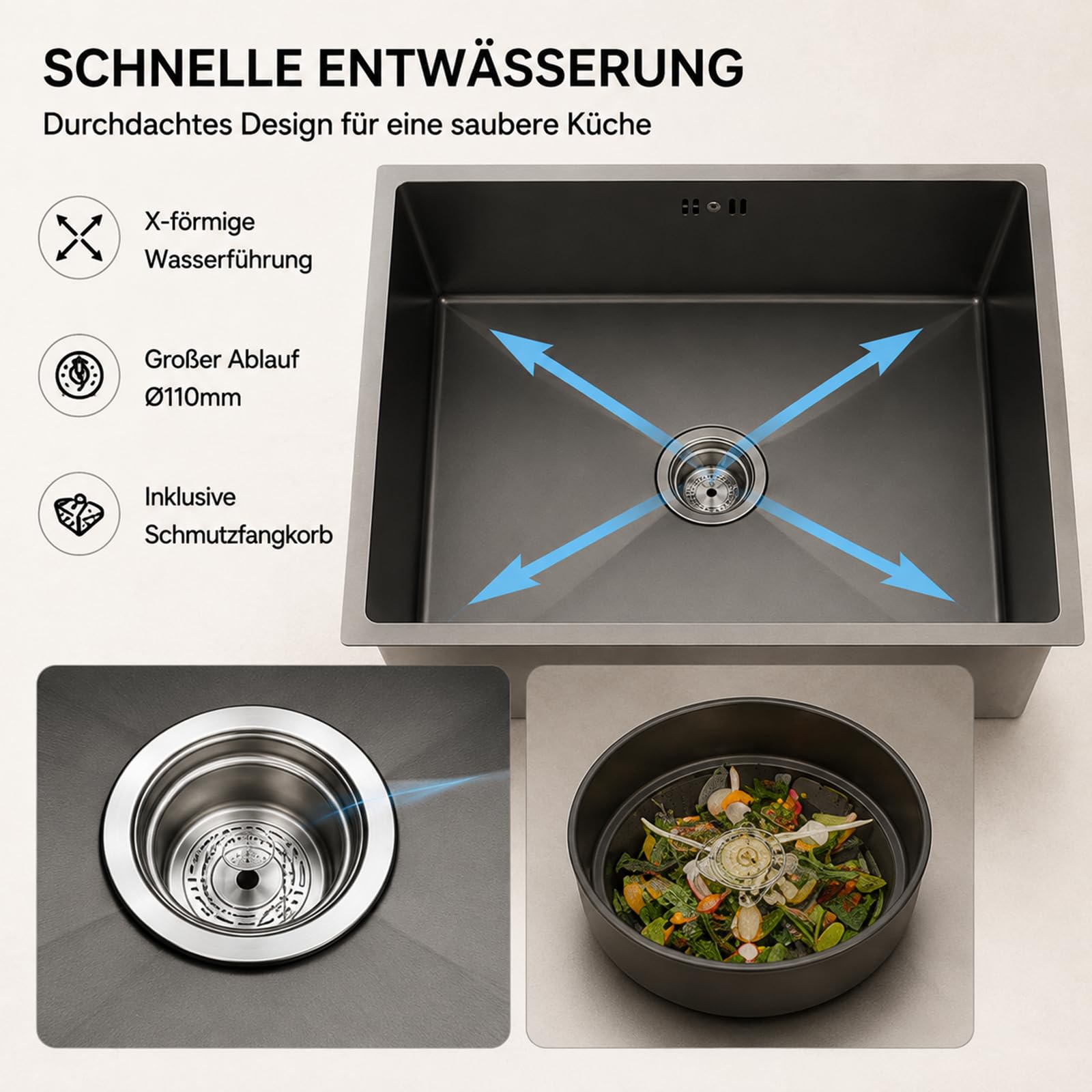 Lavandino 45 x 40 cm con rubinetto da cucina estraibile, lavastoviglie, dispenser di sapone e scolapiatti – Lavello da incasso multifunzione in acciaio inox 201 con rivestimento nano – Grigio Gun-