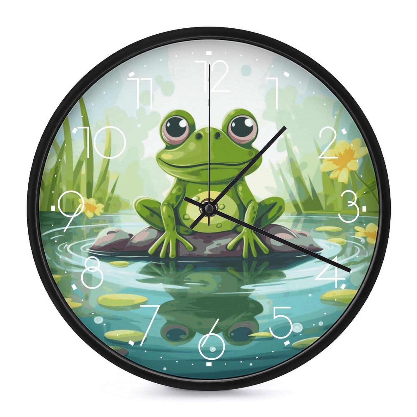 Horloge murale ronde grenouille étang 25 cm pendule analogique silencieuse à pile