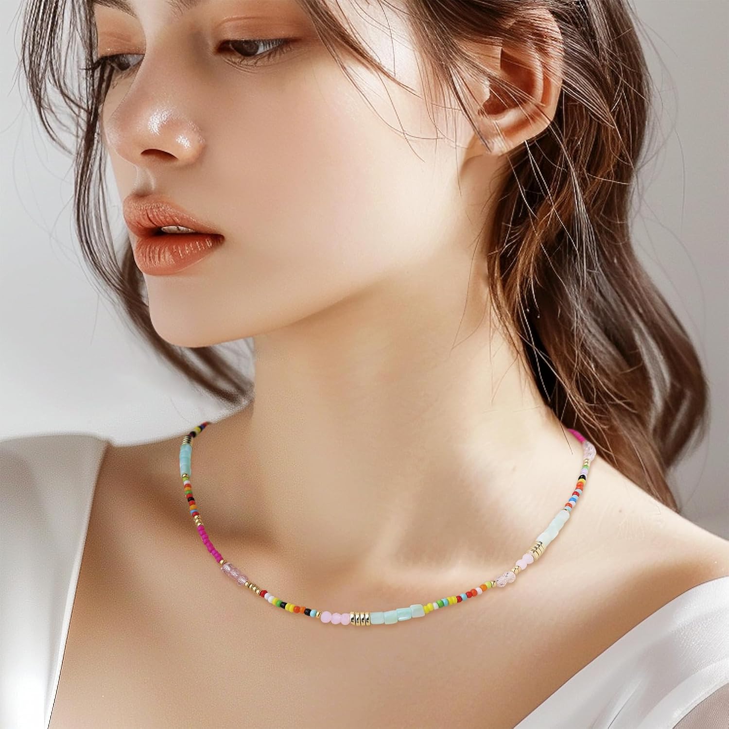 Gold Seed Beaded Necklaces for Women, Boho Handmade Adjustable Colorful Beads Choker Summer Beach Jewelry Gift. - Image 2