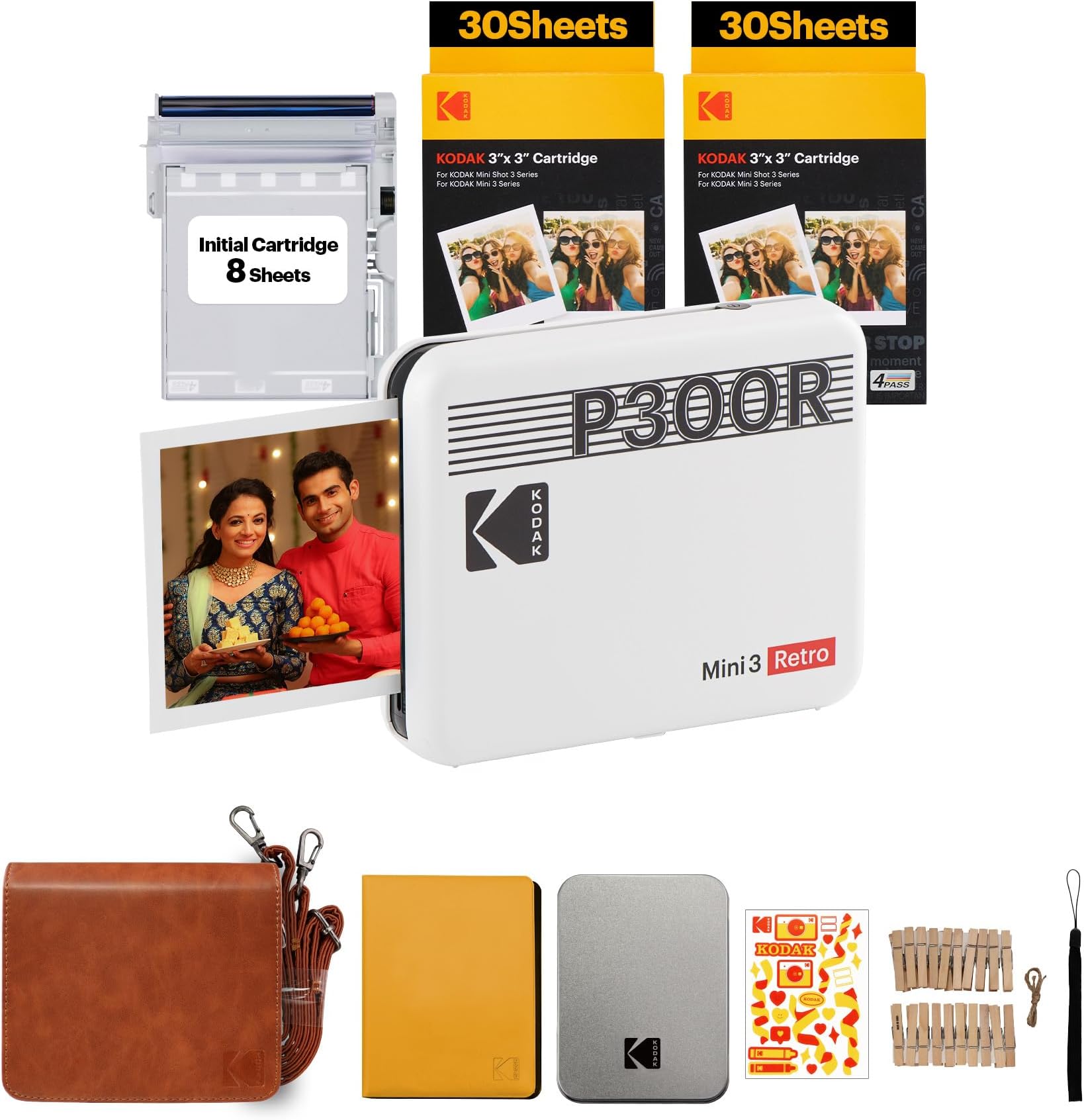 Kodak Mini 3 Retro 4PASS Portable Photo Printer (3x3 inches) + 68 Sheets Gift Bundle, White