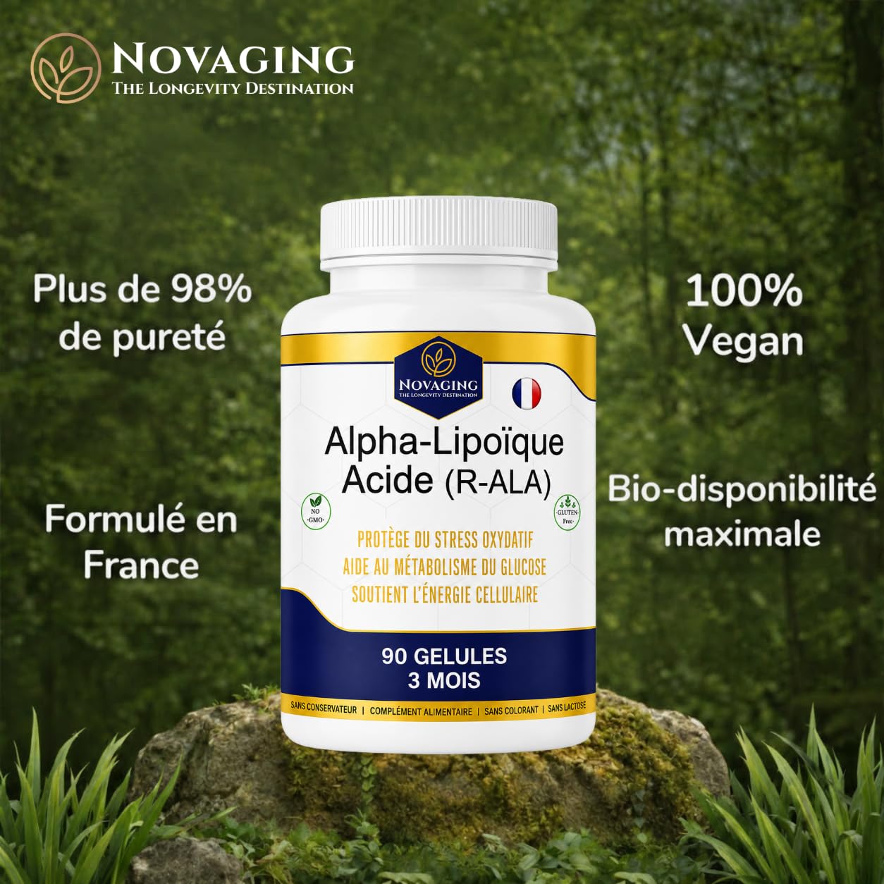 Acide Alpha-Lipoïque R-ALA 500mg 90 Capsules 100% Vegan 3 Mois de cure | R-ALA premium standardisée à 100 %, biodisponibilité élevée. Efficacité optimales. Testé sans OGM ni allergènes. NovAging®