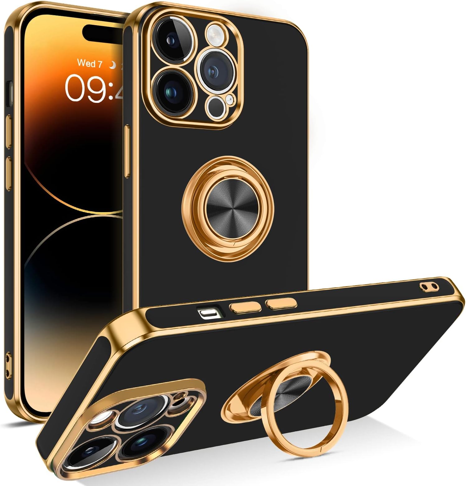 BENTOBEN iPhone 14 Pro Max Case, Slim Lightweight 360Ã‚° Ring Holder Kickstand Support Car Mount Shockproof Women Men Non-Slip Protective Case for iPhone 14 Pro Max 6.7", Black/Gold