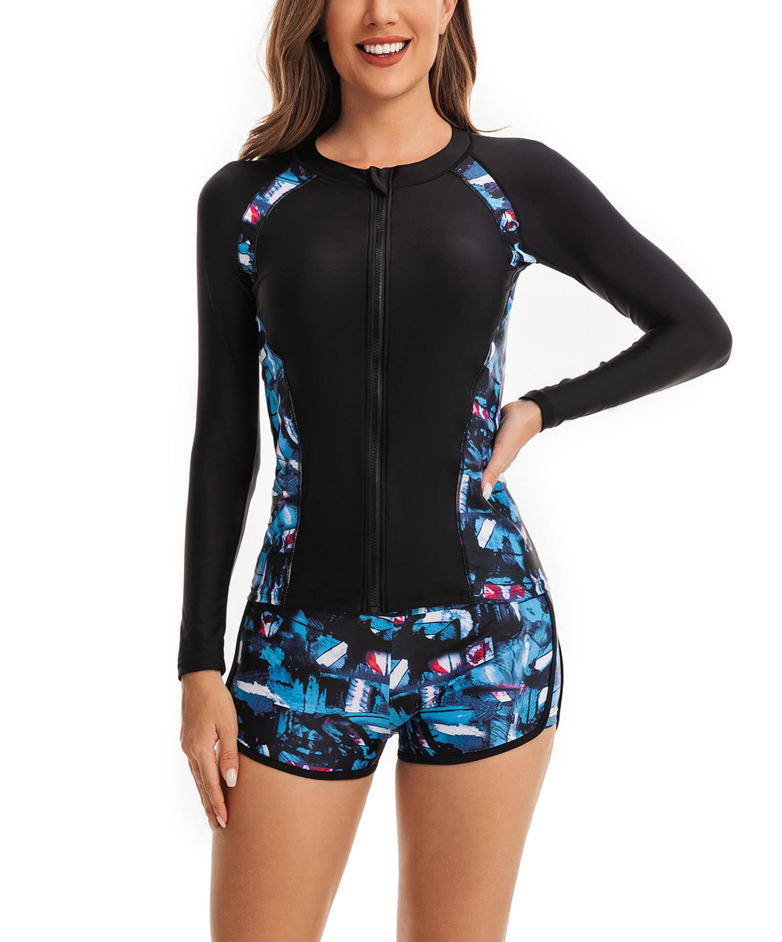 AQQYA Women Two Piece Swimsuit Rash Guard UV Protection Zipper Swimsuit Shirt Top with Boyshorts Bottoms Set