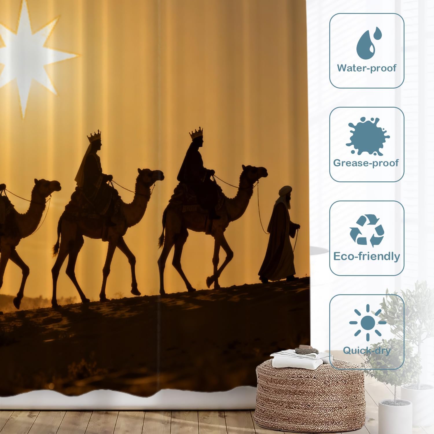 Batmerry Yellow Christian Three Wise Men Decor Shower Curtain, Black Religion Bathroom Decor Polyester Fiber Plastic Rings Quick-Drying Waterproof for Bathtubs/Bathroom, 72x60 inches