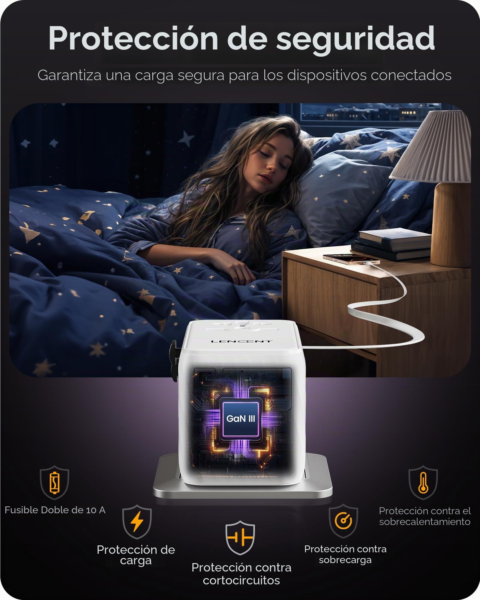 LENCENT Adaptador Universal 85W con Cable Retráctil USB C | Enchufe Internacional Tecnología GAN 3 Puertos Tipo-C y USB-A para Carga Rápida, Cargador Viaje para EU a UK, AUS, US, Blanco