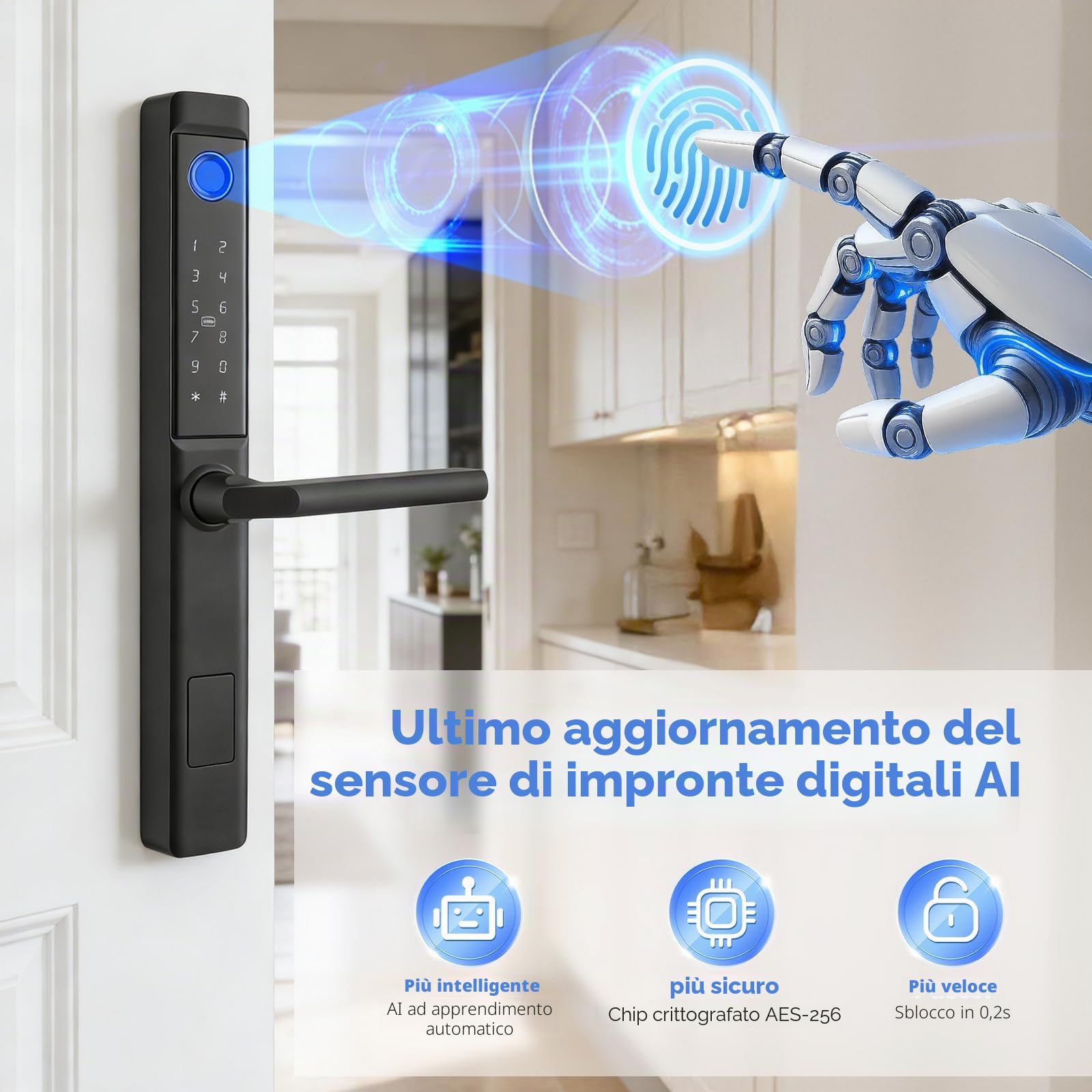 Serratura intelligente per porta con impronte digitali, serratura intelligente per porta di casa con maniglia e tastiera touch, sensore di impronte digitali a semiconduttore, RFID/APP/Codice