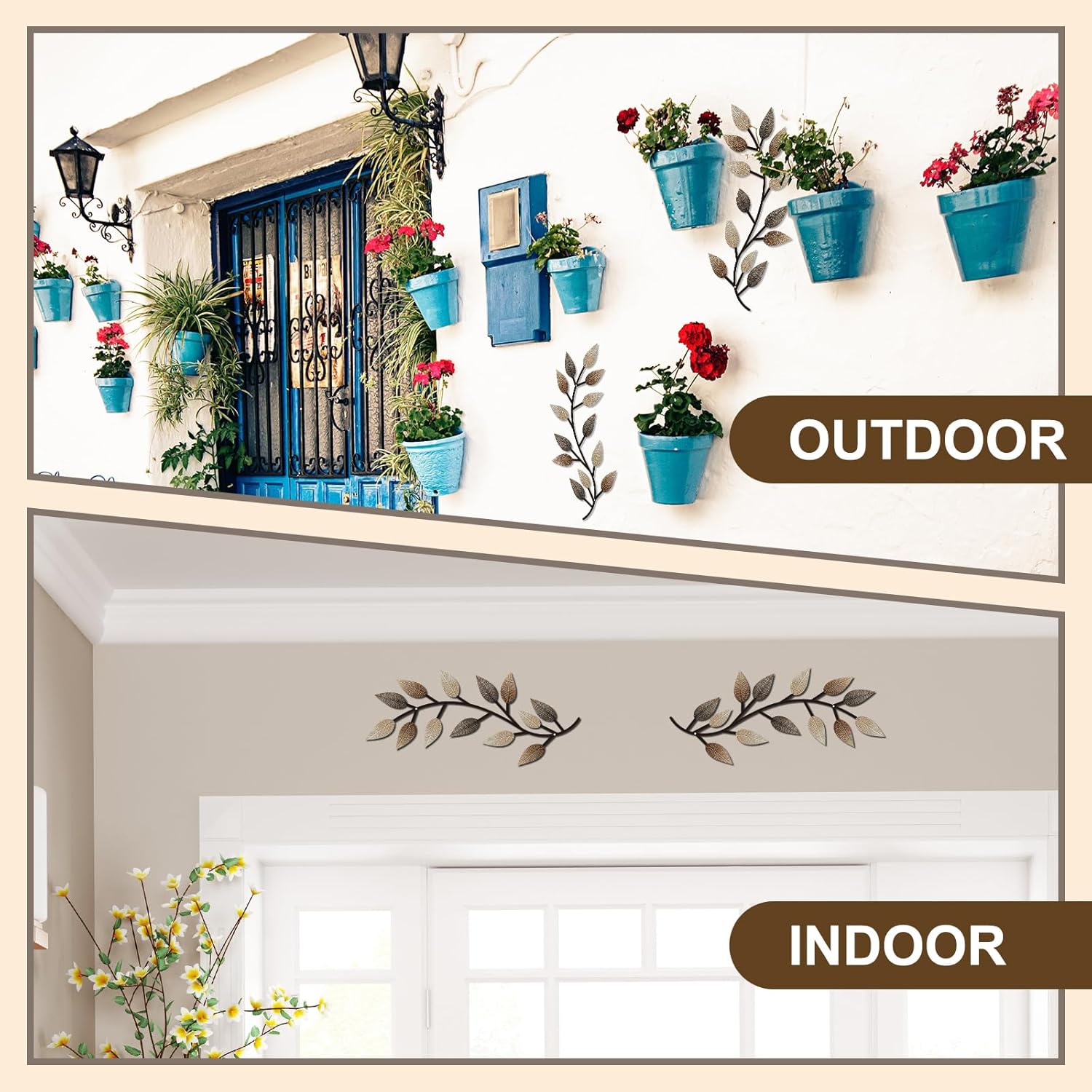 Zhengmy 2 Pieces Metal Tree Leaf Wall Decor Vine Olive Branch Leaf Wall Art Living Room, Hallway Wall Decor Outdoor Decoration(Vintage Brown)