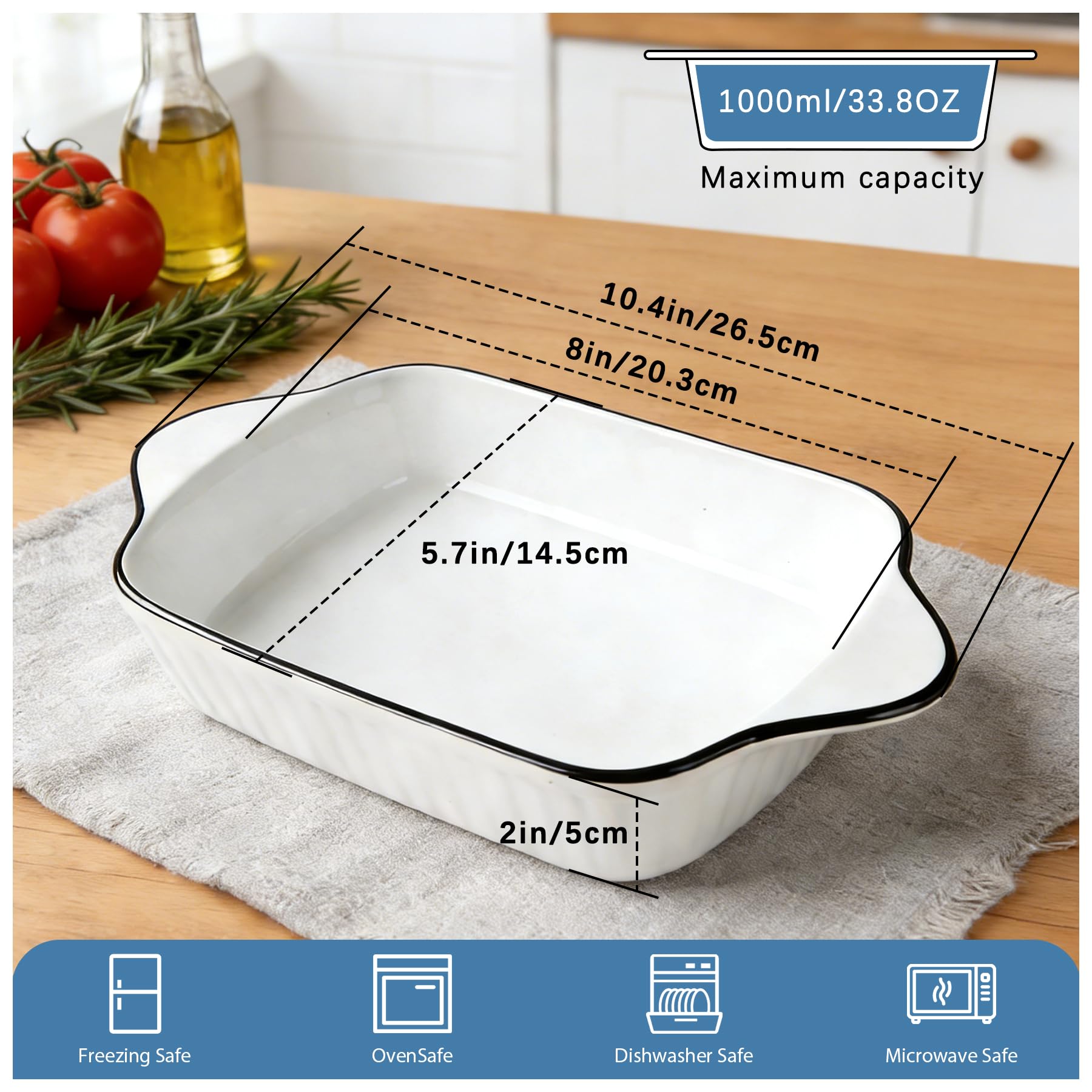 Juego de 4 cazuelas pequeñas de cerámica de 34 onzas, plato rectangular para lasaña de 1000 ml con asas, apto para hornos y microondas, tamaño compacto ideal para gratinados, platos de pasta