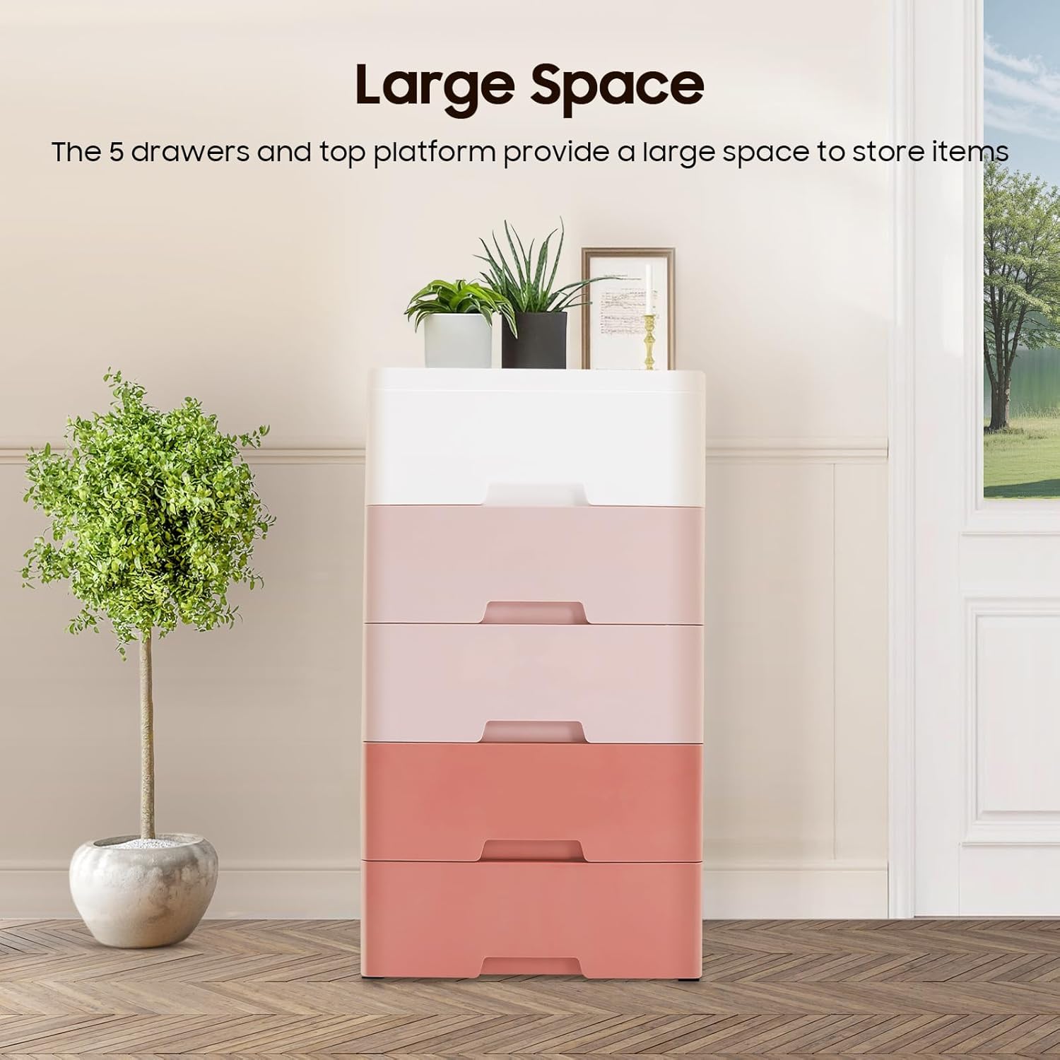 Plastic Drawers Dresser Storage Cabinet 5 Drawer Stackable Vertical Clothes Storage Tower, Bedroom Tall Small Chest Closet, Organizer Unit for Hallway Entryway Home (Pink)