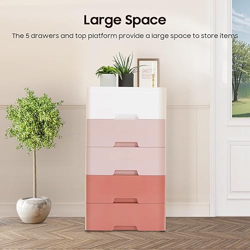 Miniatura 5 de Cajones de plástico para almacenamiento, armario móvil con ruedas, 5 cajones, apilable, vertical, organizador para ropa, juguetes, dormitorio, sala