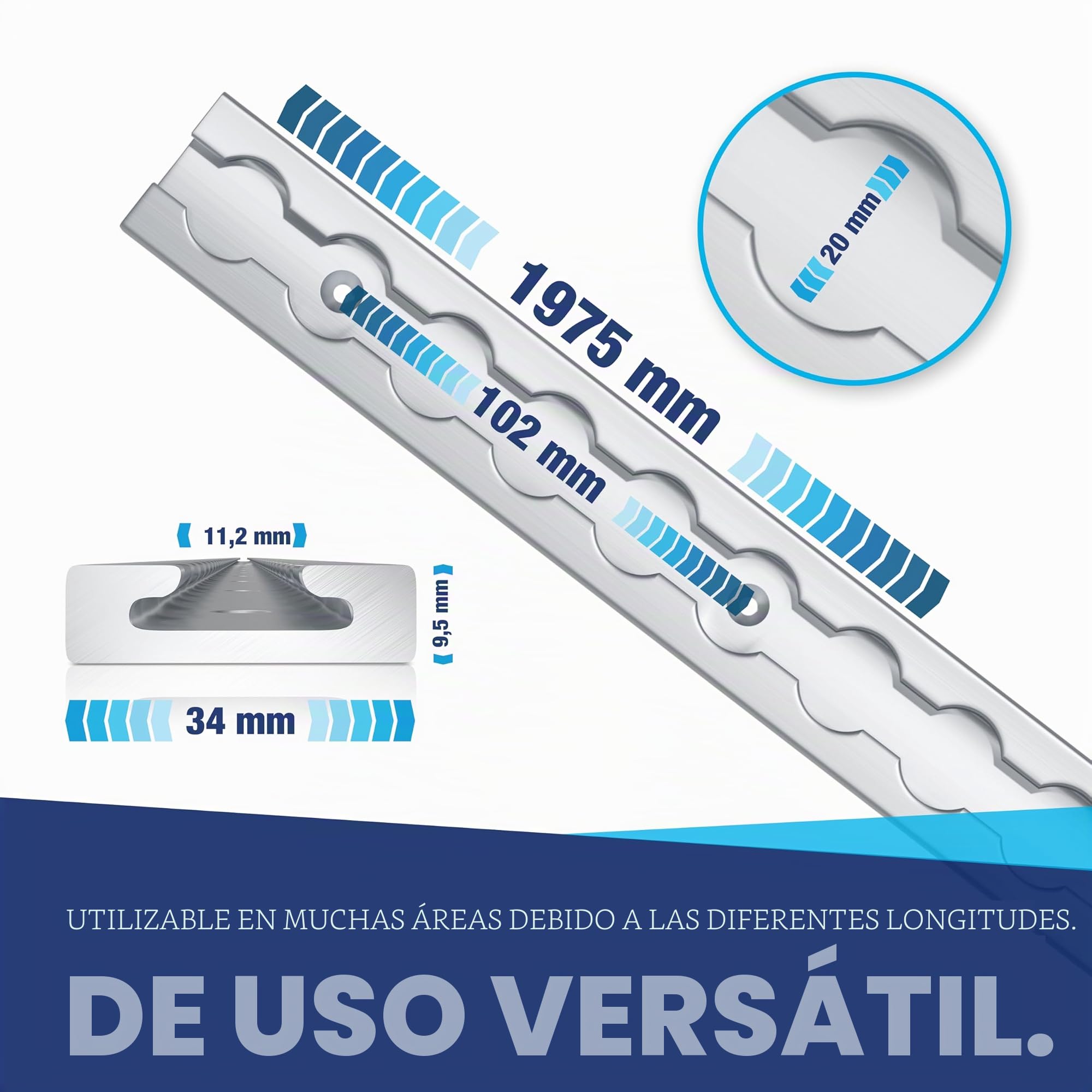 Riel de aluminio para aerolíneas de 4 x 2 m con accesorios + tapas de extremo, rectangular con agujeros, seguridad de carga para camiones y autocaravanas, riel de amarre perforado, anodizado plateado