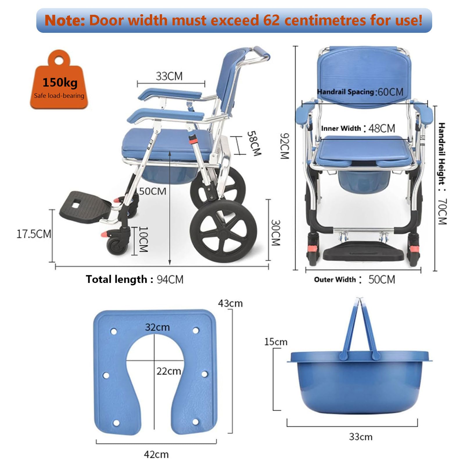 Sedia a Rotelle per Anziani con WC, Sedia WC per Anziani con Ruote, Sedia Comoda Pieghevole WC per Disabili con Braccioli e Schienale, per Pazienti e Donne incinte, Portata Fino a 150 kg