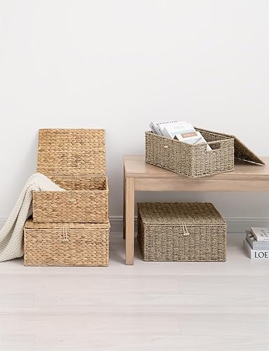 Miniatura 7 de StorageWorks Canastas de Mimbre de Hierba Marina para Organizar, Cesta de Mimbre Mediana con Tapa, Cesta Decorativa con Asas Integradas,