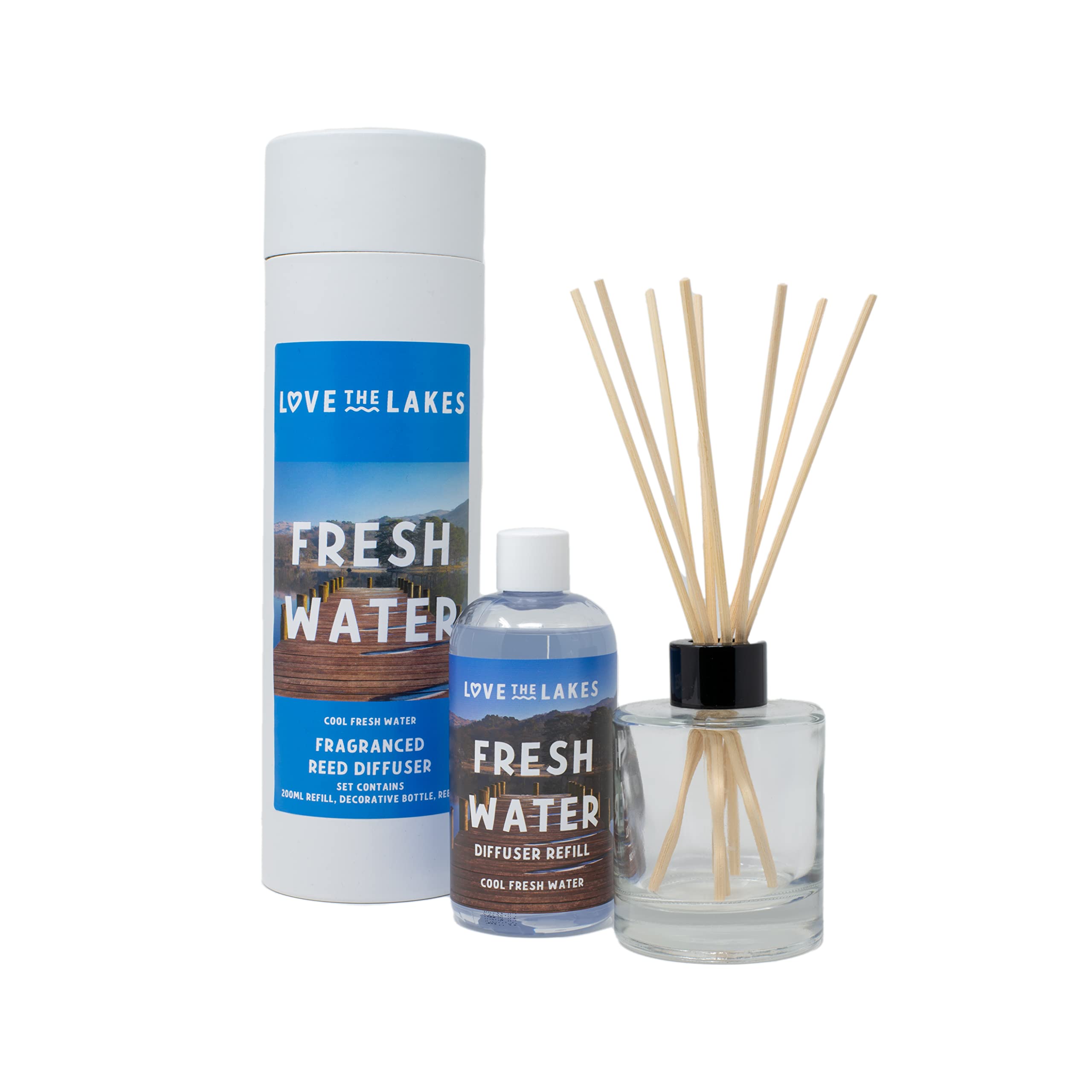 Love the LakesFresh Breeze Fragranced Reed Diffuser - contains 200ml Fresh Breeze Fragrance oil 150ml Glass Bottle with 8 Rattan Reeds. Cool coastal breeze fragrance