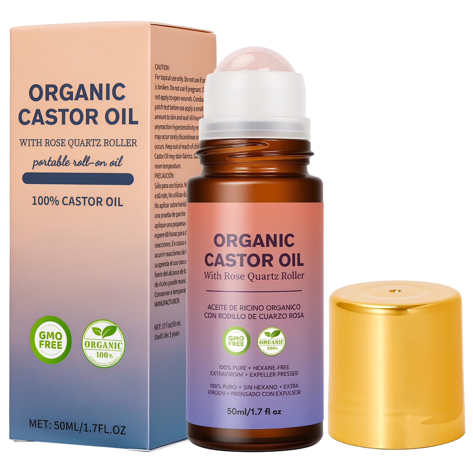 Organic Castor Oil Roll On with Rose Quartz Roller, 1.7 fl oz
