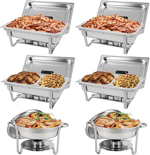 Restlrious Juego de 6 platos de bufé de acero inoxidable, redondo de 5 cuartos y 8 cuartos de galón plegables rectangulares y calentadores de bufé,