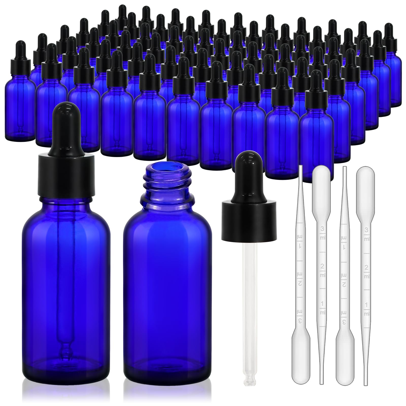 KEYWING Botellas cuentagotas azules de 1 onza para aceites esenciales con cuentagotas de vidrio largo, 30 ml, 60 paquetes de botellas de vidrio para líquidos