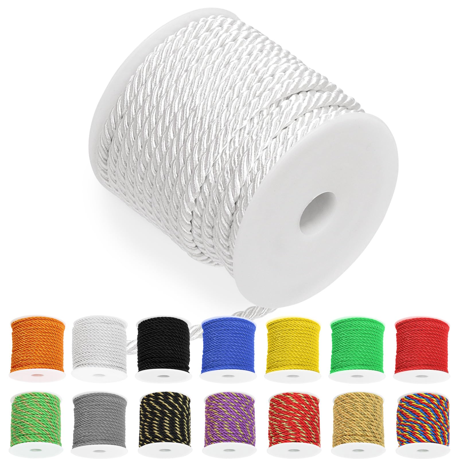 Keadic 5mm Twisted Cord 3-Ply Decorative Polyester Silk, Cord Shiny Viscose Cording Thread Graduation Cords for DIY Crafts, Curtain Tiebacks, Gift Wrapping & Party Decor 59 Feet (White)