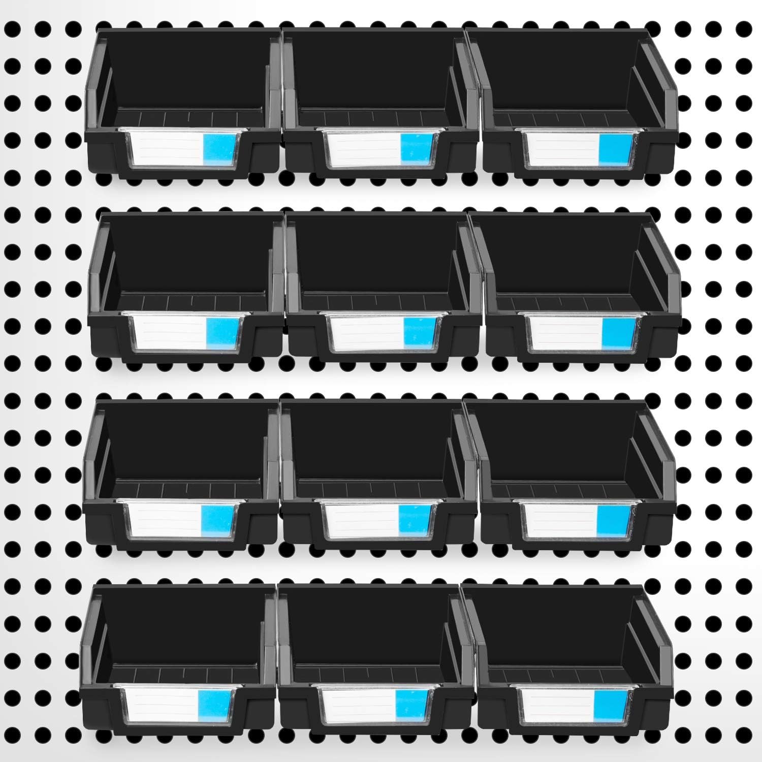 Oyeye 12 Pack Pegboard Bin Kit - Hooks to Any Peg Board - Organize Hardware, Accessories, Attachments, Workbench, Garage Storage, Craft Room, Tool Shed, Hobby Supplies, Small Parts (Black)