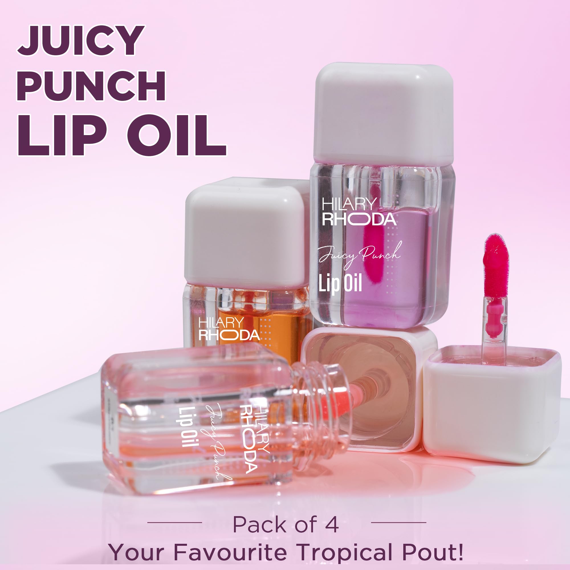 Hilary Rhoda Juicy Punch Lip Oil | Non-Greasy & Glossy Soft Finish | PH Colour-Changing Lip Oil | Keeps Lips Plump & Supple | Pack of 4 | 3.4ml X 4 2