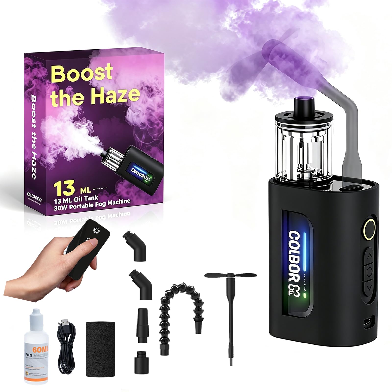 COLBOR CF3 - Macchina per il fumo portatile con telecomando, 30 W, ricaricabile, per fotografia, Natale, cosplay, mini nebulizzatore con illuminazione RGB e effetto Tyndall (uso interno/esterno)