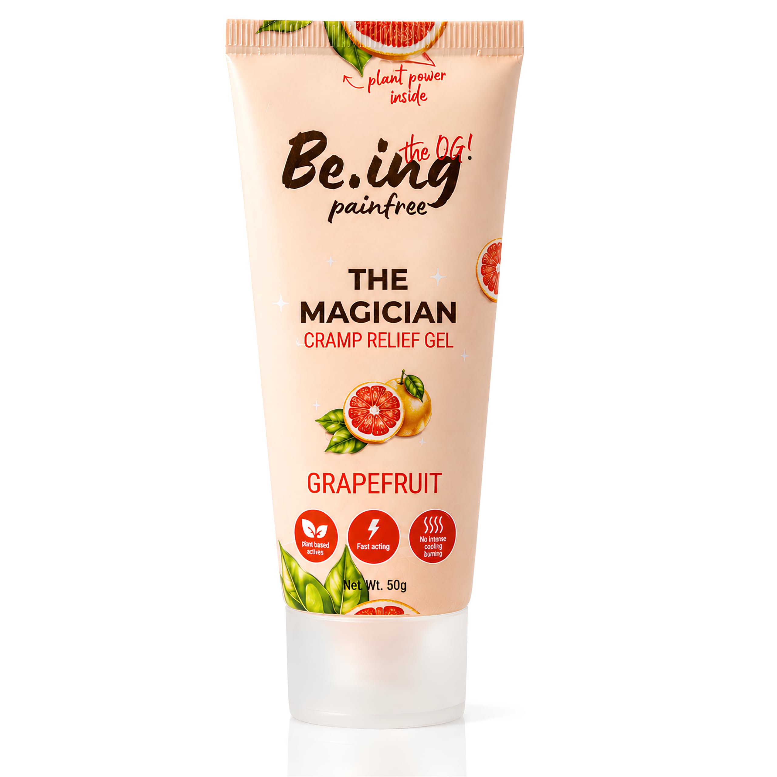 Be.ing painfree THE MAGICIAN Cramp Relief Gel -50gm| Starting 15 Seconds| 100% Plant Actives| 100% Safe| Zero Irritation| No Burns| For Cramps, Back, Legs and All Muscular Pains| Grapefruit