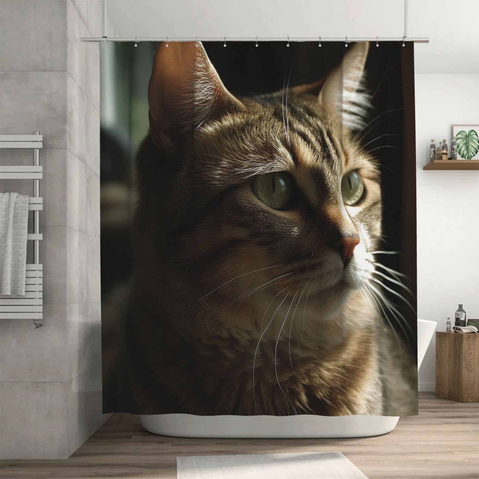 Rideau de douche chat tigré imperméable et épais 183x183 cm avec 12 crochets