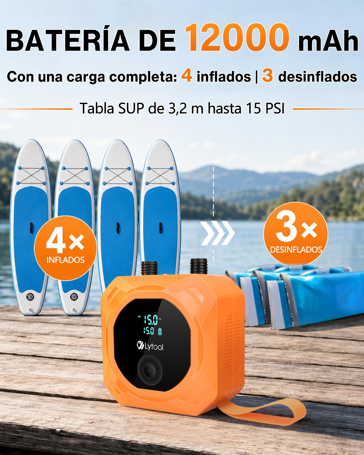 Lytool 50PSI Bomba de Aire Inteligente para Sup, 12000mAh Batería Recargable y Inflado/Desinflado Inteligente, Apagado Automático, Ideal para Tablas de Paddle, Cometas, Tiendas de Campaña y Colchones