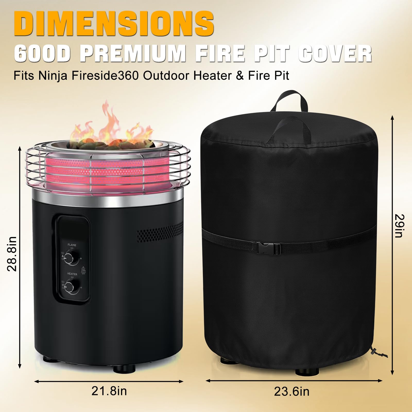 Cover for Ninja Fireside 360 Outdoor Fire Pit & Patio Heater, 600D Waterproof Oxford with PU Backing, UV & Tear Resistant, Windproof Cover Fits Round Firepit up to 24"D x 29"H, Easy Clean & Install - 2