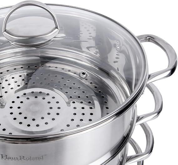 3-Tier Stainless Steel Steamer Pot with Lid Dumpling Steamer Pot for Cooking (3-tiered), Multi-Layer Cookware Pot, Food Vegetable Cooking Pan with Stackable Pan Insert for Vegetable, Dumpling, Meat, Dishwasher safe, Induction Safe (Silver, 9.08-qt. (8.6 L))