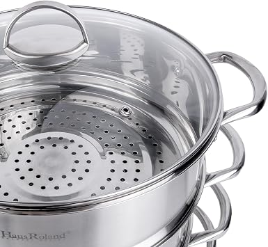 3-Tier Stainless Steel Steamer Pot with Lid Dumpling Steamer Pot for Cooking (3-tiered), Multi-Layer Cookware Pot, Food Vegetable Cooking Pan with Stackable Pan Insert for Vegetable, Dumpling, Meat, Dishwasher safe, Induction Safe (Silver, 9.08-qt. (8.6 L))