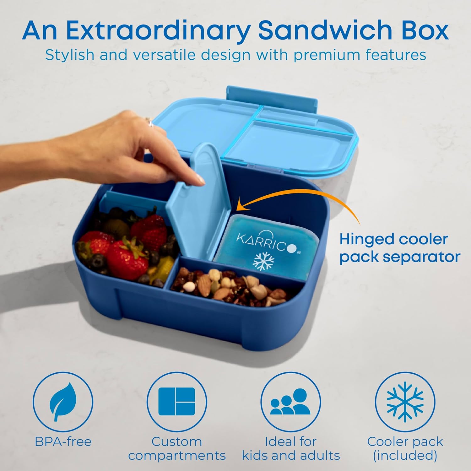 Leakproof Lunch Box – 3-Compartment Bento Box, Cooler Pack & Adjustable Divider, Extra Large & BPA-Free – Dishwasher Safe, Ideal for On-the-Go Meals, Navy & Blue - Image 4