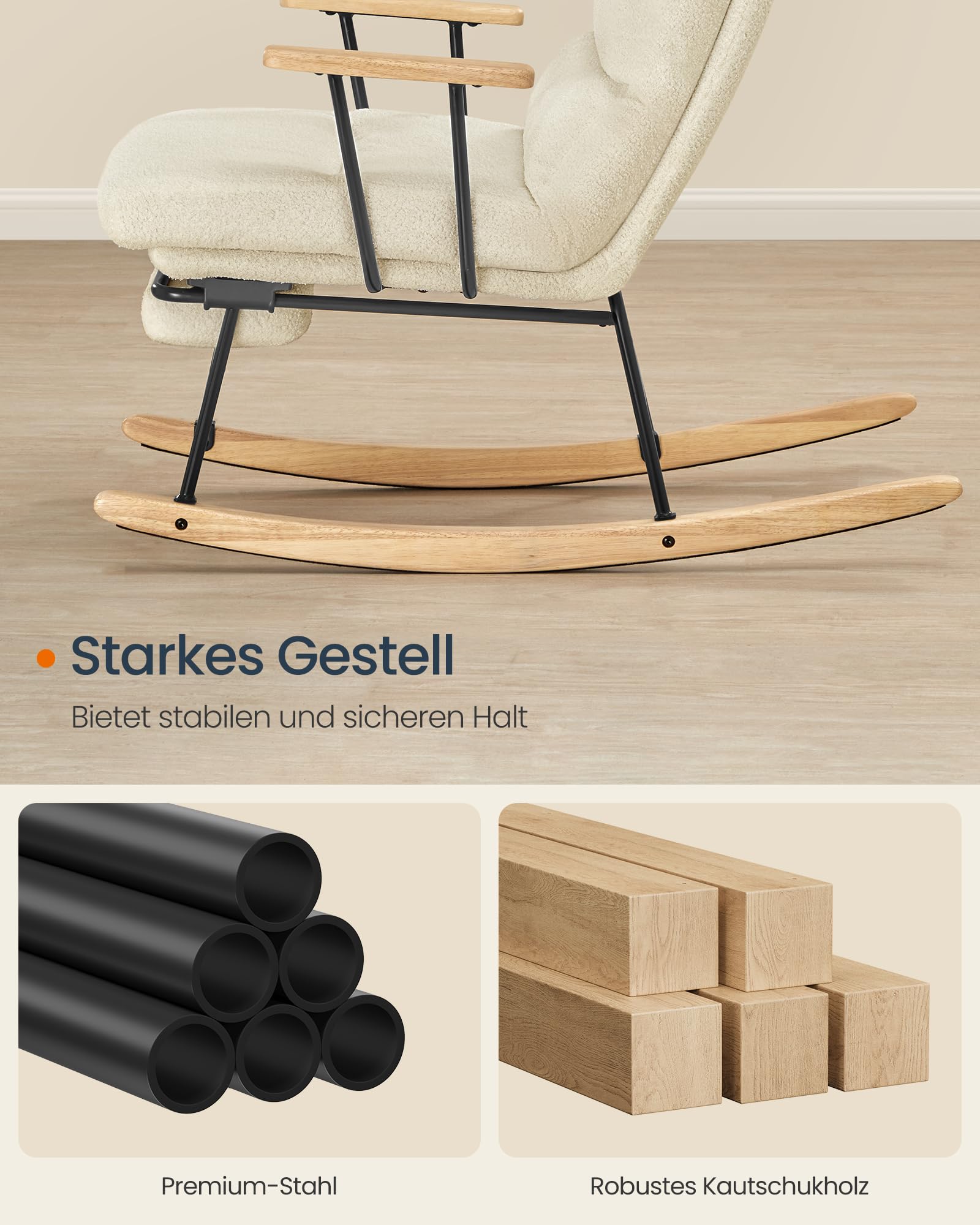 SONGMICS HOME Schaukelstuhl, Füße aus Kautschukholz, Schaukelsessel, Fleece Oberfläche, 4-Fach verstellbare Rückenlehne, bis 160 kg belastbar, für Schlafzimmer, Wohnzimmer, Kamelbraun LYY016LJ01
