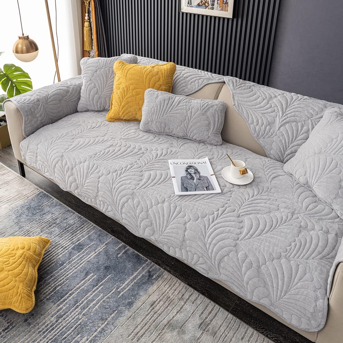 vctops Chenille Leaf Quilted Sofa Couch Cover Scalloped Edge Sectional Couch Cover Super Soft Non Slip Sofa Slipcover Furniture Protector for Pets Kids Children Dog Cat (Light Grey,36"x70")