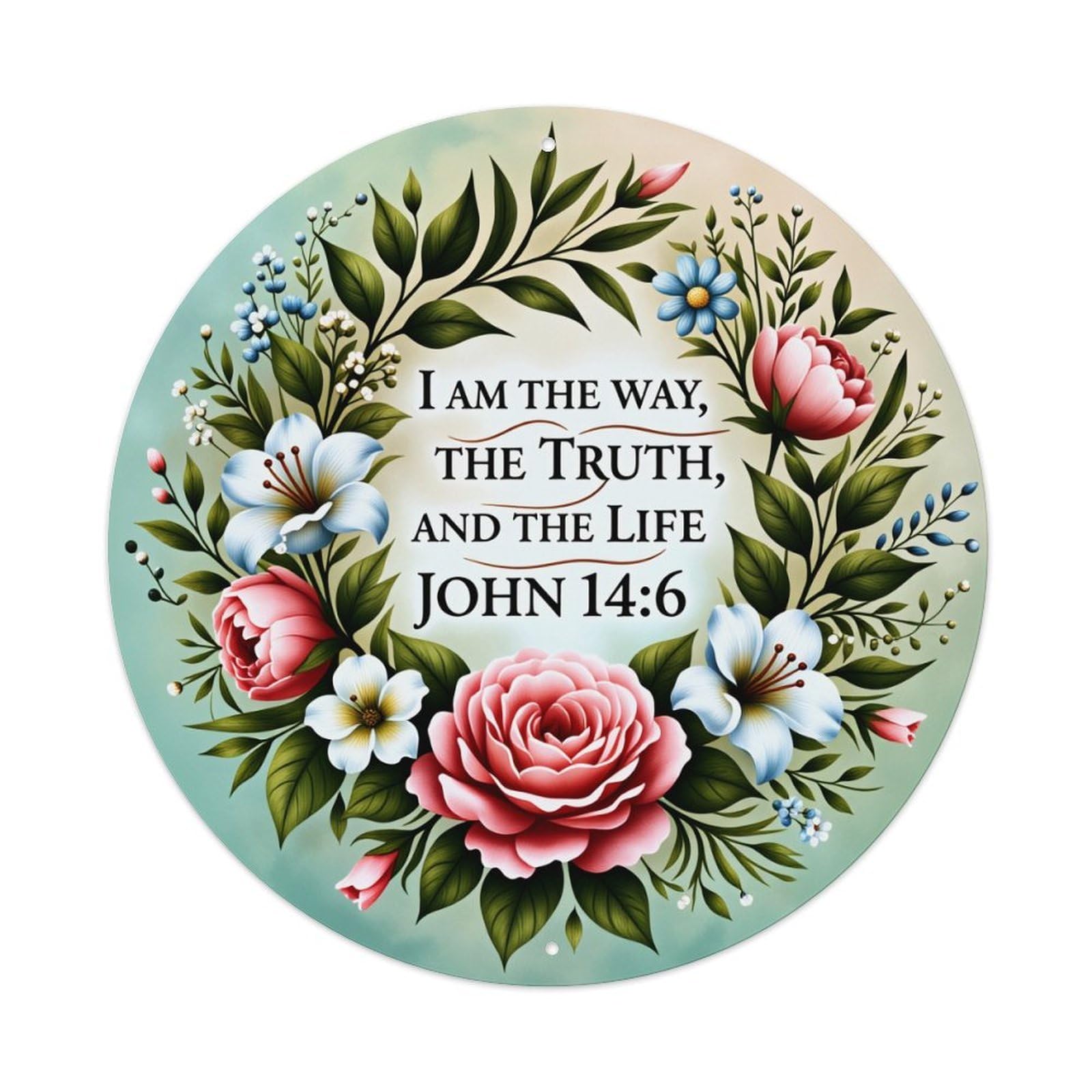 Floral Wreath With Bible Verse Round Tin Sign Vintage Style Metal Sign Home Bar Garden Wall Plaque Decor Metal Poster 8x8 Inch