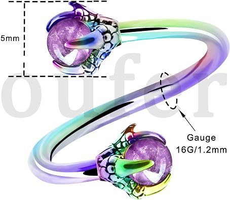 OUFER Twist Helix Earring 316L Stainless Steel Dragon Claw with Opalite Center 16G Twist Lip Labret Cartilage Upper Lobe Piercing Jewelry