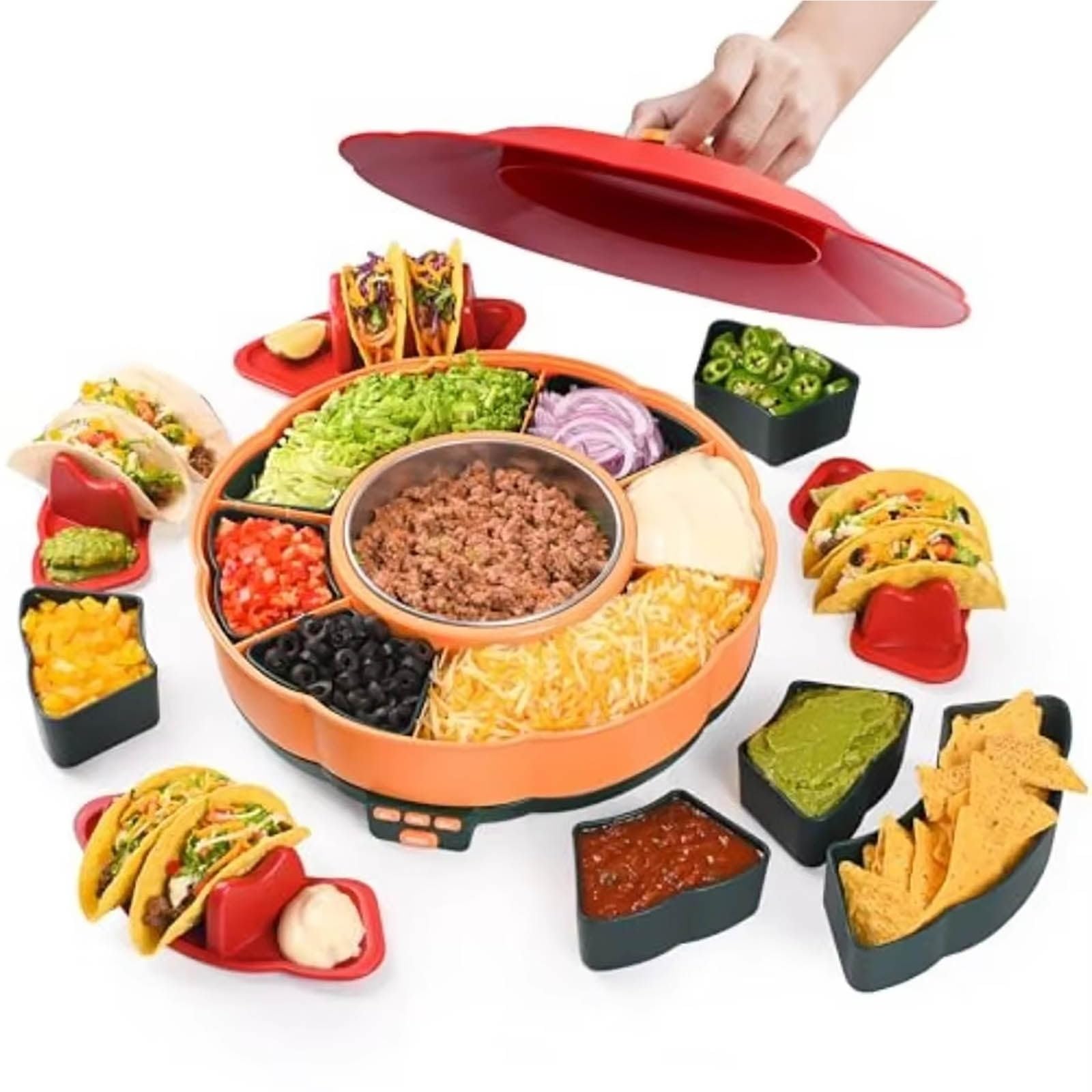Mothdust Server Buffet Taco Vassoio Girevole Riscaldato con Ciotole Condimento Rimovibili Mantiene Carne Calda e Organizza Ingredienti per Cena Famiglia Fiesta