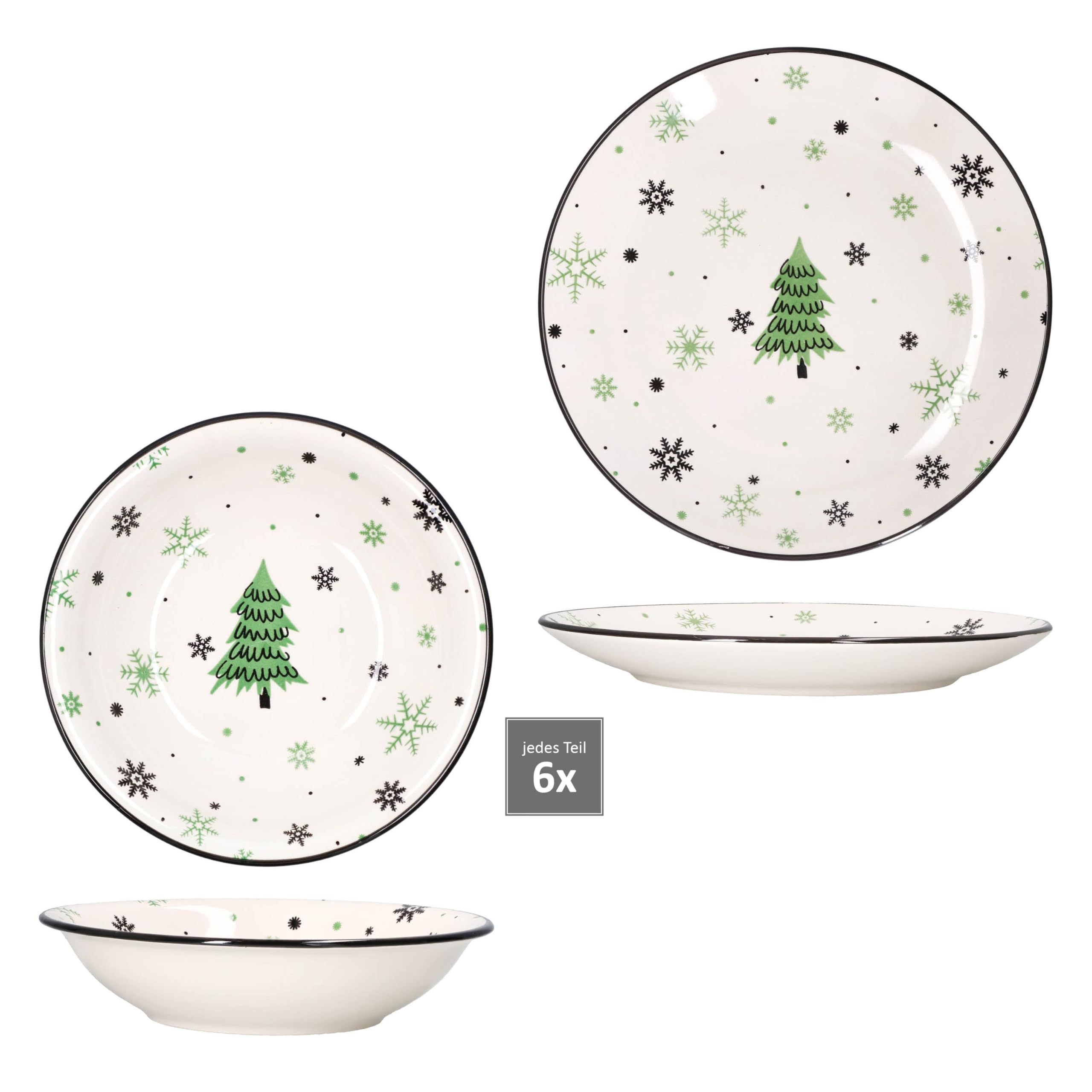 MamboCat Weihnachtsbaum 12tlg Tafelservice I Steingut-Geschirr für 6 Personen mit Tannenbaum & Schneeflocken I 6x flache Speiseteller & 6x tiefe Suppenteller 450ml